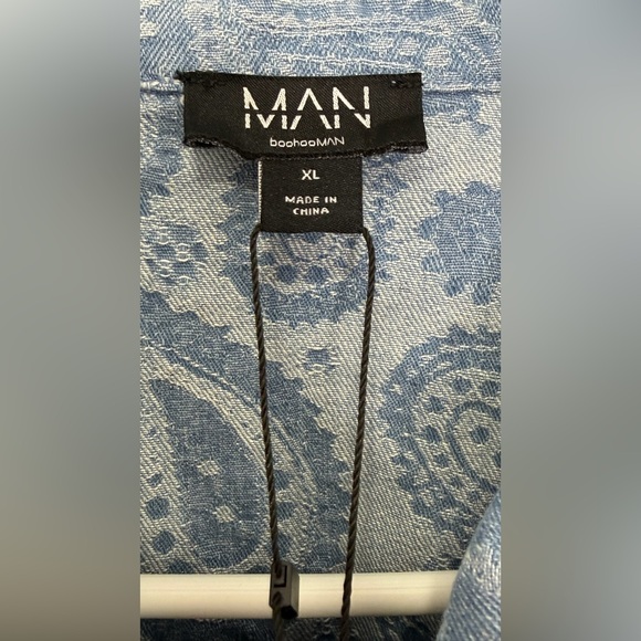 BoohooMan- Boxy Fit Paisley Spliced Denim Jacket MID BLUE-XL - Picture 3 of 9